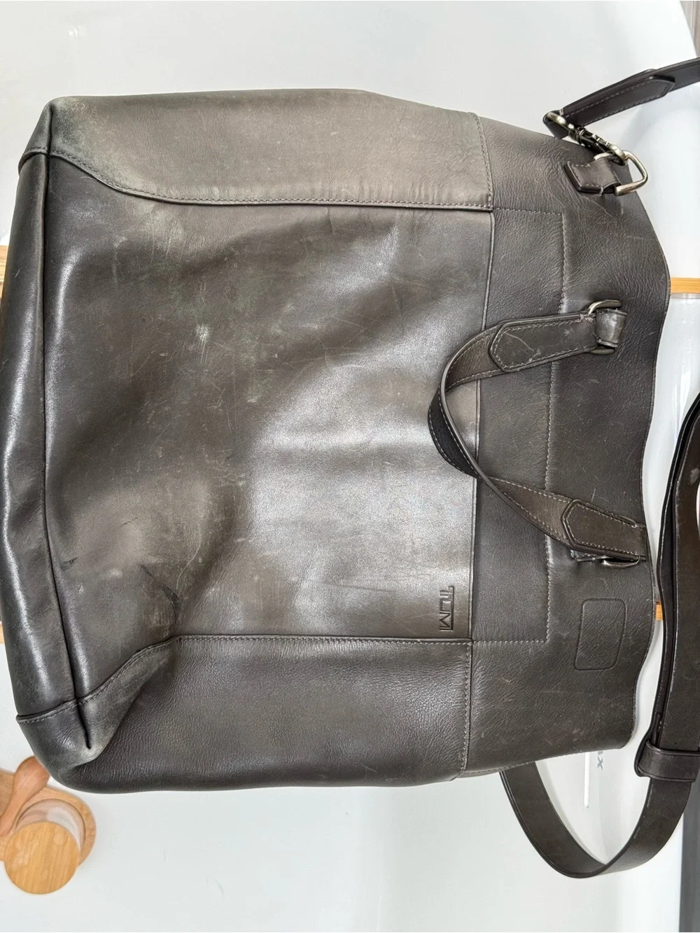 Huge Tumi Gray Leather Cross-body Tote Bag with Adjustable Strap